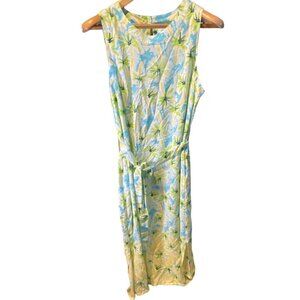 Crown & Ivy Blue Yellow Sleeveless Belted Sheath Long Maxi Dress Sz L